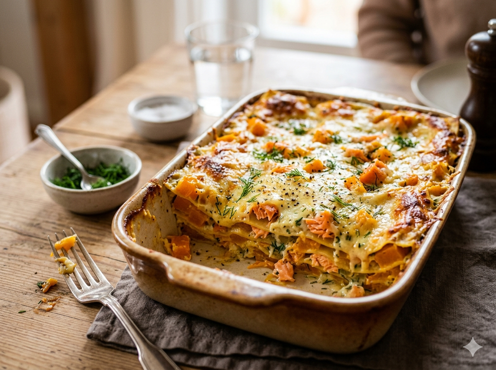 Butternusskürbis-Lasagne mit Räucherlachs