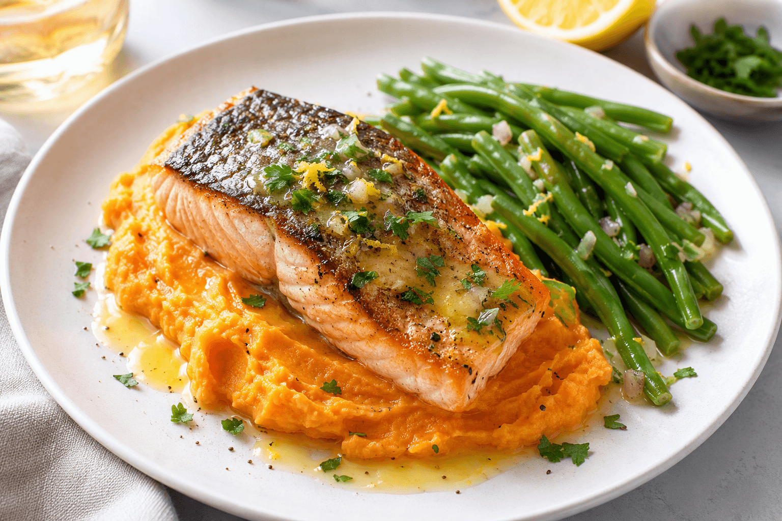 🐟 Knuspriger Lachs mit Zitronenbutter, Ofen-Süßkartoffelpüree und Butterbohnen