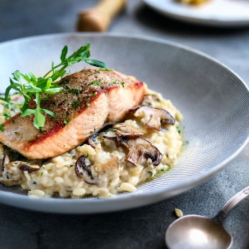 Lachssteak mit Pilz-Risotto – Herbstlicher Genuss mit erdigen Aromen