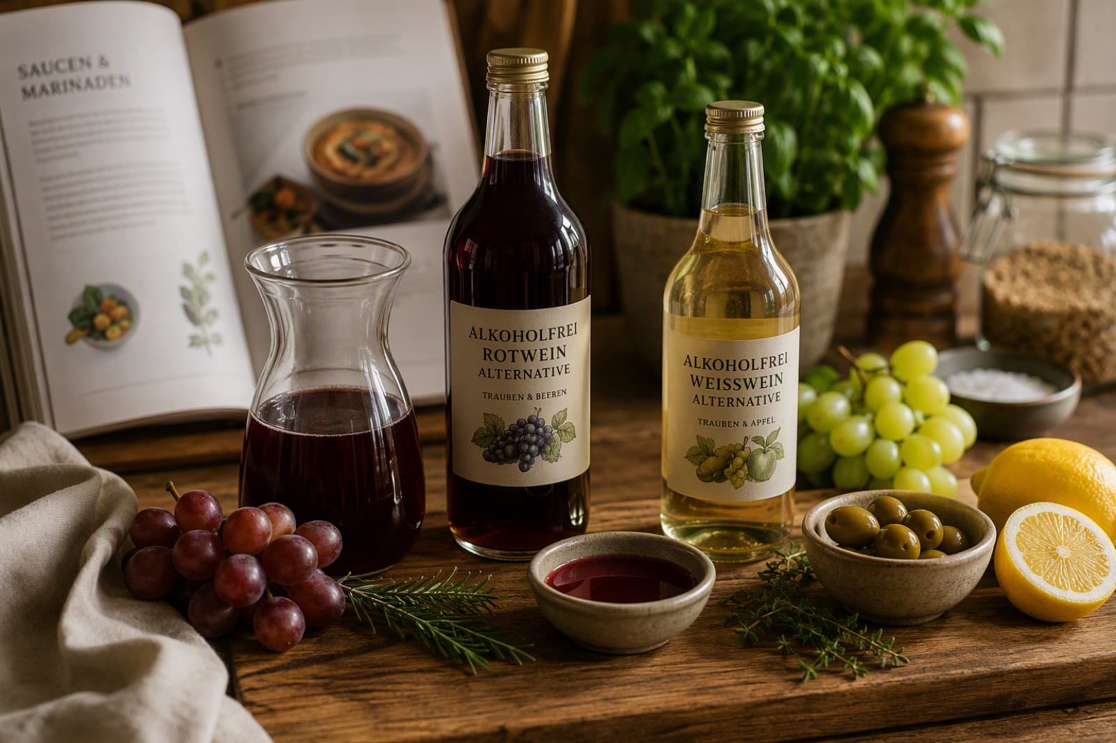 Alkoholfreie Wein-Alternativen mit Trauben, Zitrone und Kräutern auf einem Holztisch